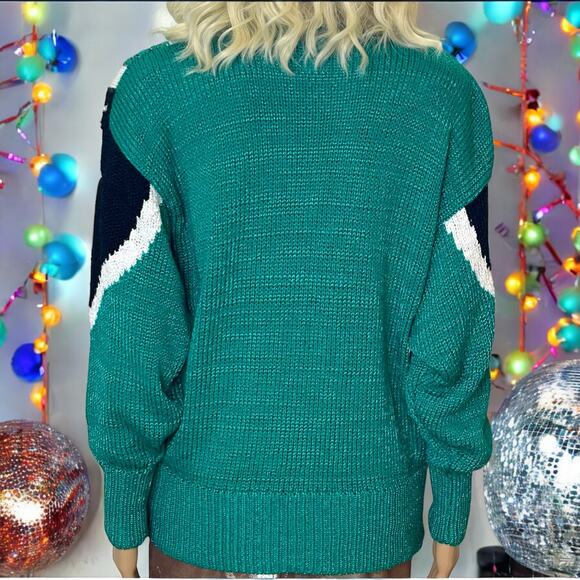 Vintage Sweater Geometric V Neck Green Glam by Sideffects M - Picture 6 of 9